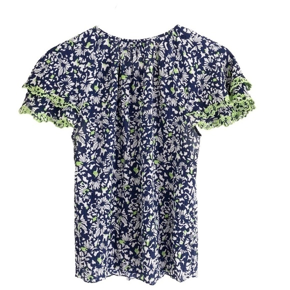Tanya Taylor Silk Blue Floral Tiered Short Sleeve Pullover Top Small - Picture 4 of 16